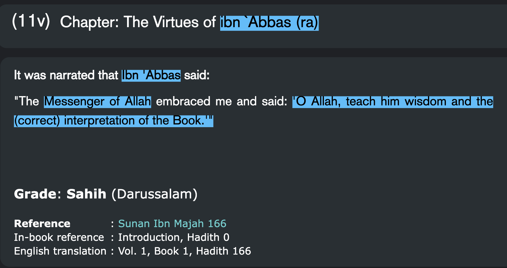 Sunan Ibn Majah 166 screenshot: Ibn Abbas narration where Muhammad prays that Allah teach him wisdom and interpretation of the Book.