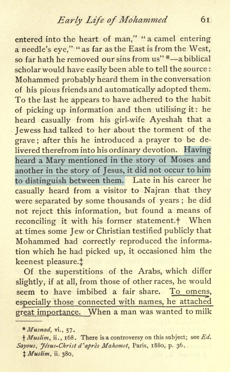 Scanned excerpt from David Samuel Margoliouth, Mohammed and the Rise of Islam, p. 61, highlighting the statement that hearing a Mary in the story of Moses and another in the story of Jesus, it did not occur to Muhammad to distinguish between them.